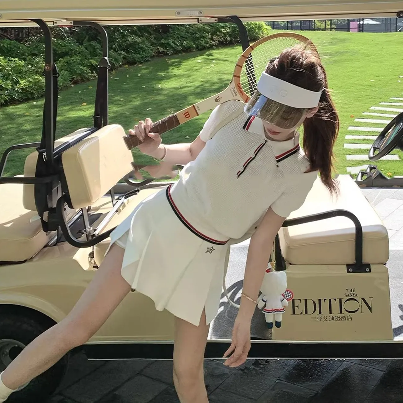 Golf Equipment For Women - ชุดกอล์ฟผู้หญิงสำหรับฤดูร้อน ซีรีส์เทนนิส เสื้อโปโลแขนสั้นผ้าวาฟเฟิลถัก กระโปรงเอวสูง ชุดสองชิ้น