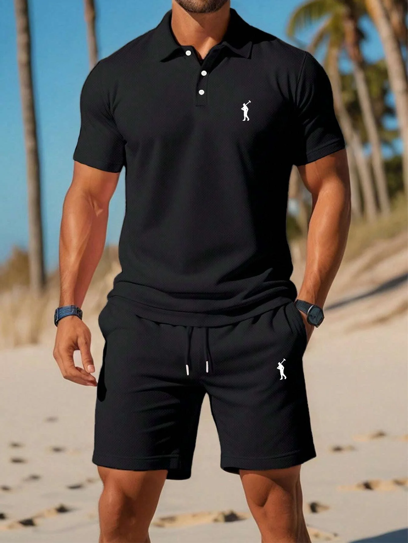 Golf Equipment Drawing - ชุดกอล์ฟ 2 ชิ้นสำหรับผู้ชาย เสื้อโปโลแขนสั้นระบายอากาศ กางเกงขาสั้นเอวยางยืดพร้อมเชือกผูก ชุดลำลองสำหรับเล่นกีฬาฤดูร้อน